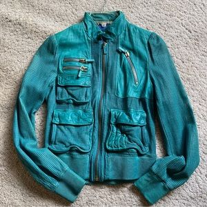 VINTAGE GUCCI LEATHER MESH JACKET TURQUOISE BLUE BOMBER STYLE SZ 38 EURO WOW!